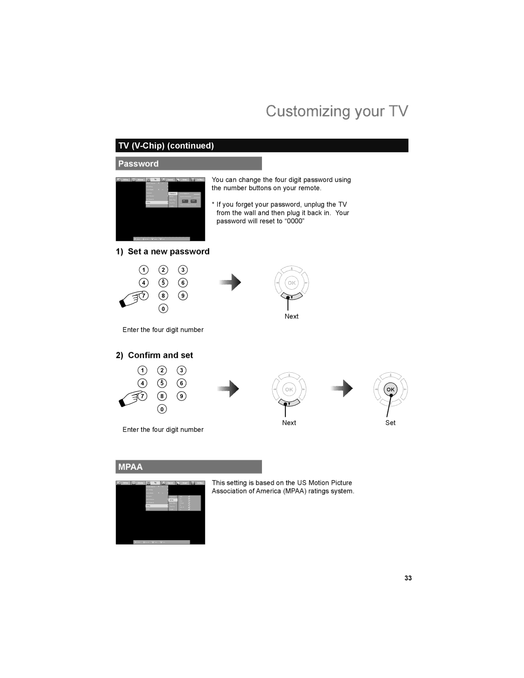 JVC LT-42P789, LT-47P789 TV V-Chip Password, Set a new password, Conﬁrm and set, Enter the four digit number, Next Set 