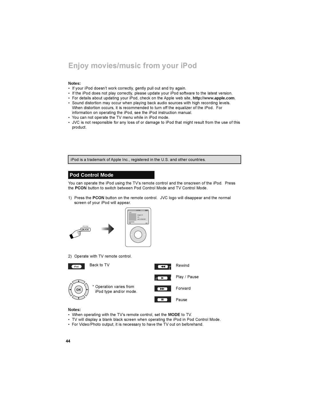 JVC LT-47P789, LT-42P789 manual Pod Control Mode 