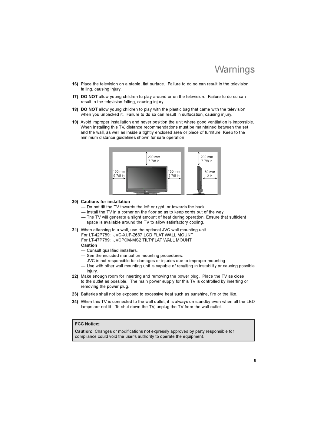 JVC LT-42P789, LT-47P789 manual FCC Notice 