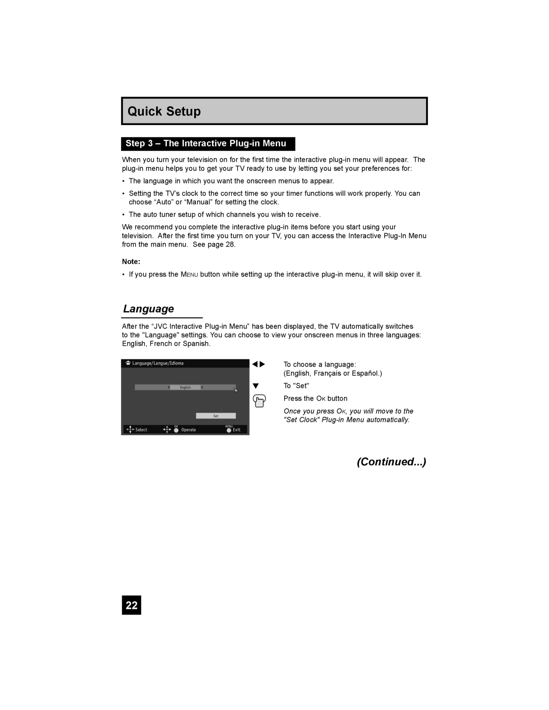 JVC LT-42XM48, LT-47X788, LT-42X788, LT-37XM48 manual Language, Interactive Plug-in Menu 