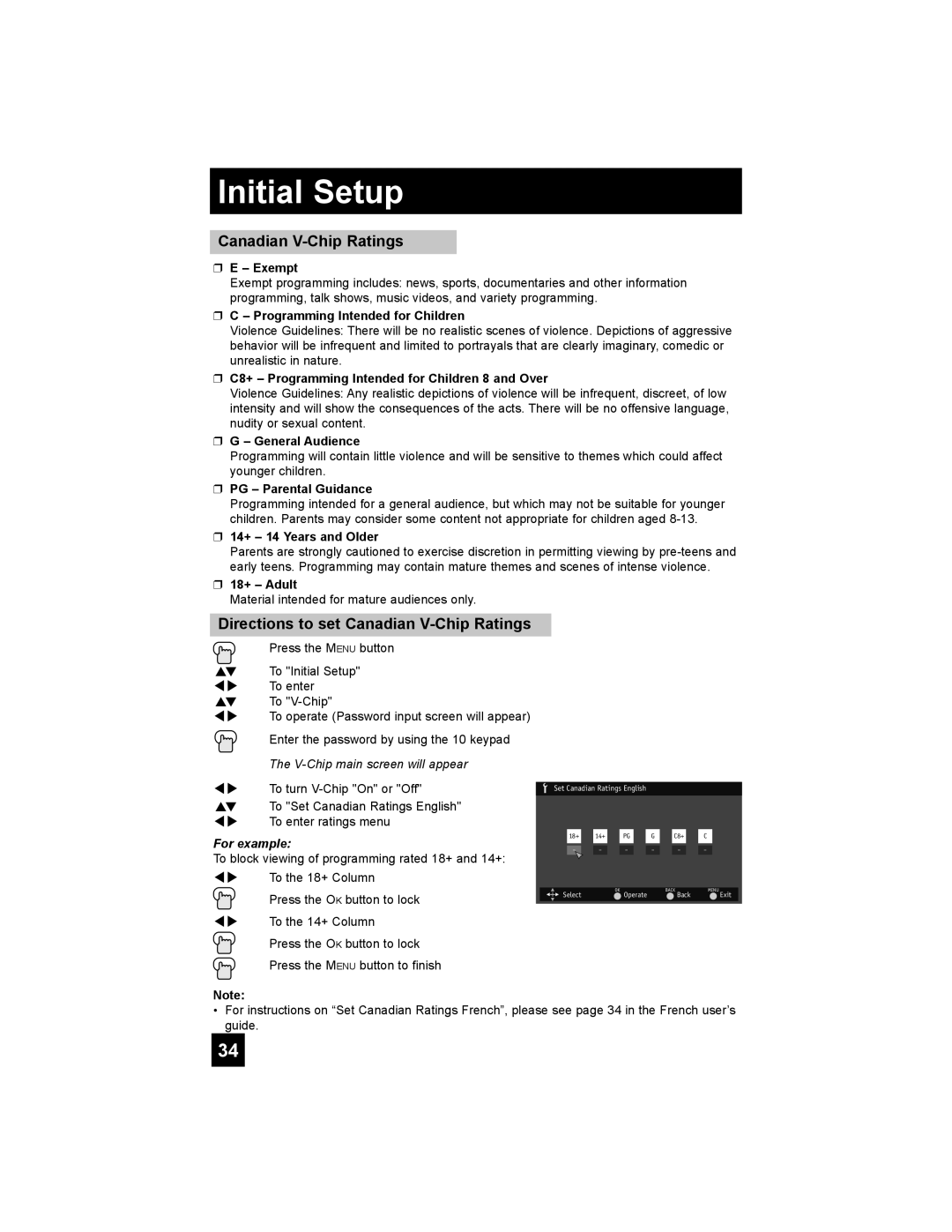 JVC LT-42XM48, LT-47X788, LT-42X788, LT-37XM48 manual Directions to set Canadian V-Chip Ratings 