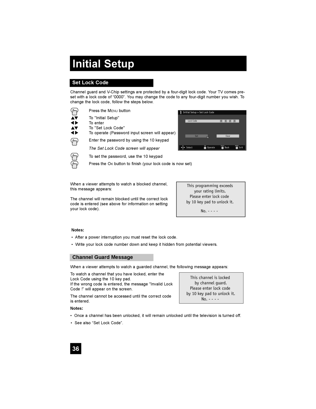 JVC LT-47X788, LT-42X788, LT-42XM48, LT-37XM48 manual Set Lock Code, Channel Guard Message 