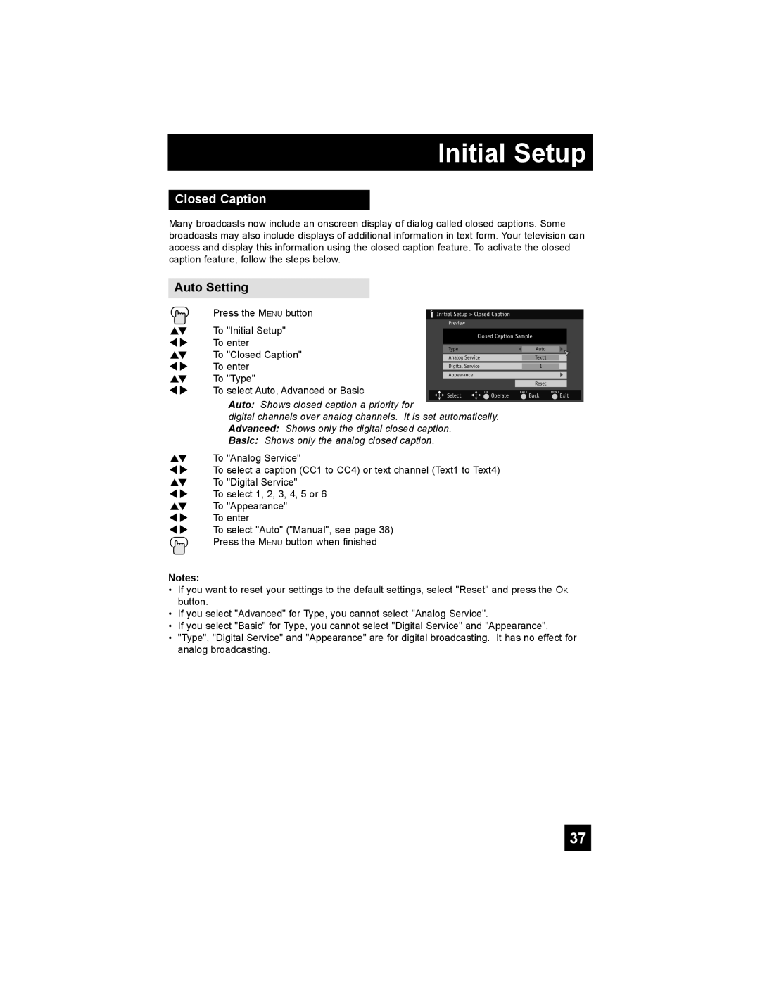 JVC LT-42X788, LT-47X788, LT-42XM48, LT-37XM48 manual Closed Caption, Auto Setting 