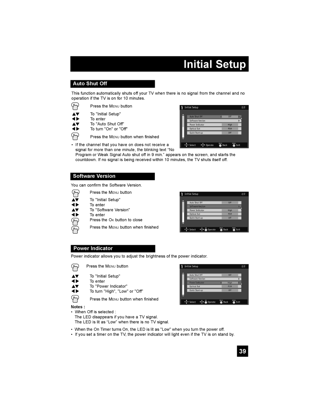 JVC LT-37XM48, LT-47X788, LT-42X788, LT-42XM48 manual Auto Shut Off, Software Version, Power Indicator 