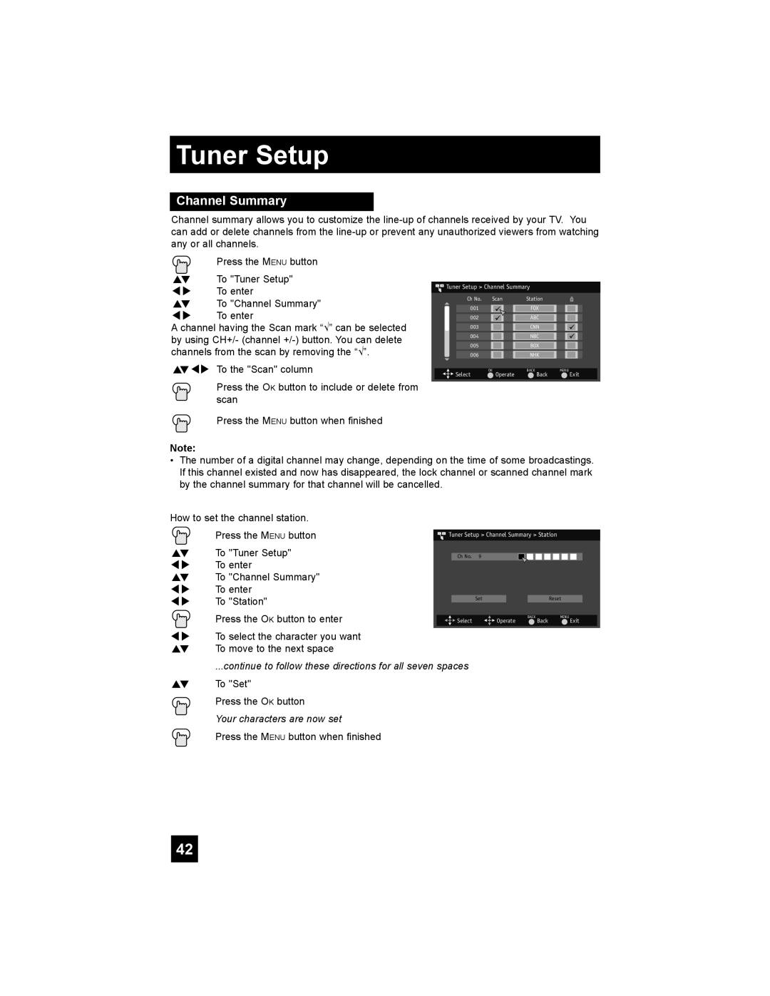 JVC LT-42XM48 manual Channel Summary, Continue to follow these directions for all seven spaces, Your characters are now set 