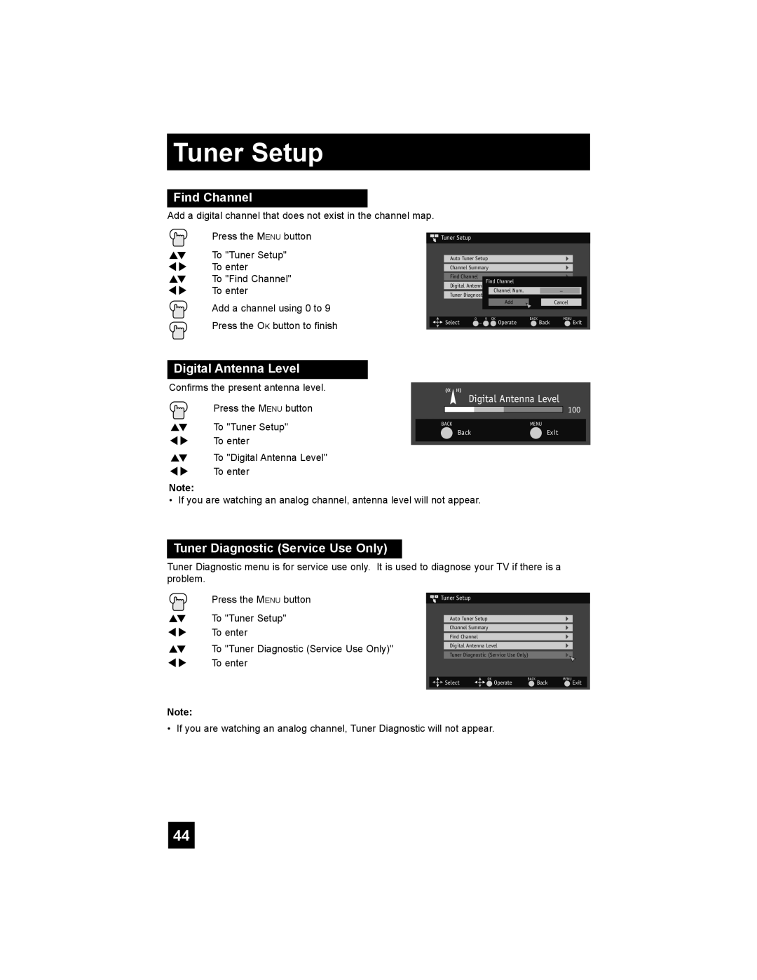 JVC LT-47X788, LT-42X788, LT-42XM48, LT-37XM48 manual Find Channel, Digital Antenna Level, Tuner Diagnostic Service Use Only 