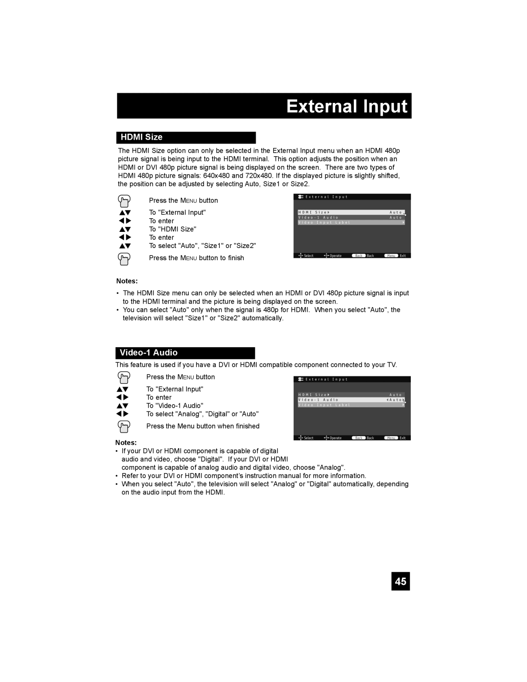 JVC LT-42X788, LT-47X788, LT-42XM48, LT-37XM48 manual External Input, Hdmi Size, Video-1 Audio 