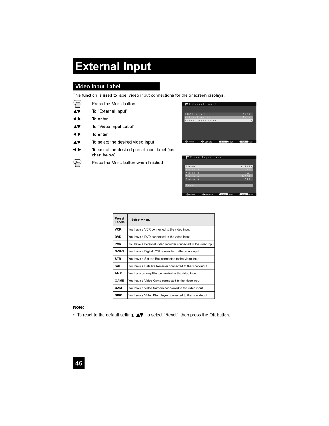 JVC LT-42XM48, LT-47X788, LT-42X788, LT-37XM48 manual Video Input Label 