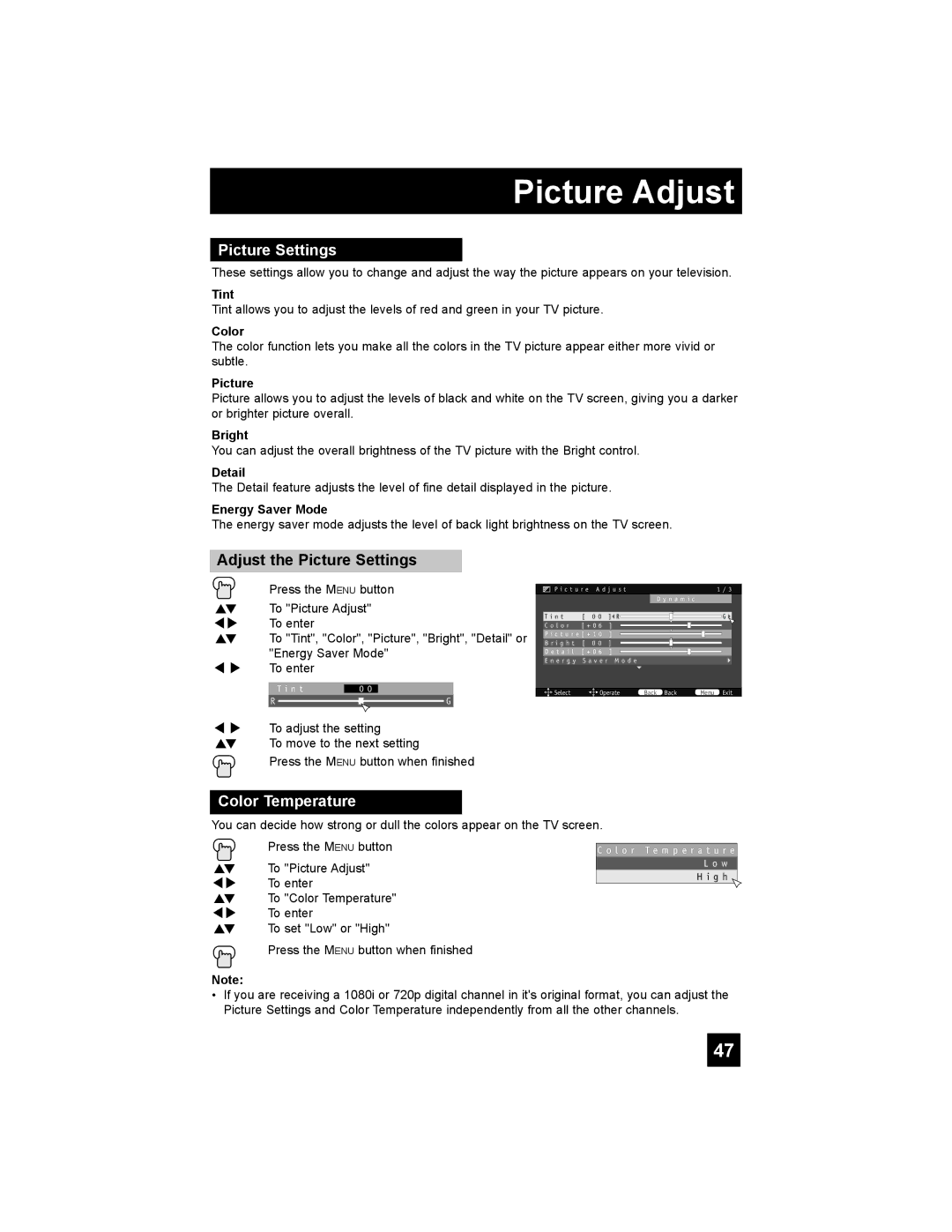 JVC LT-37XM48, LT-47X788, LT-42X788, LT-42XM48 manual Picture Adjust, Adjust the Picture Settings, Color Temperature 