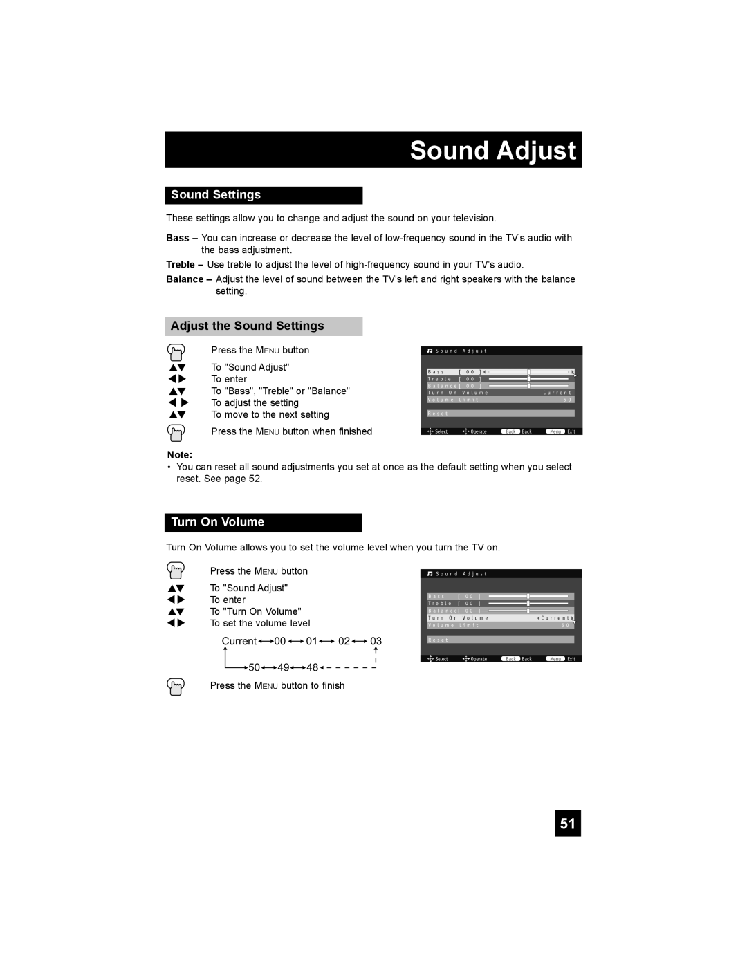 JVC LT-37XM48, LT-47X788, LT-42X788, LT-42XM48 manual Sound Adjust, Adjust the Sound Settings, Turn On Volume 