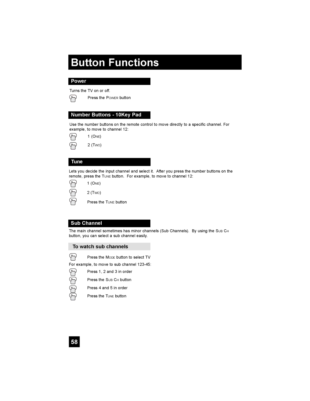 JVC LT-42XM48, LT-47X788, LT-42X788, LT-37XM48 manual Button Functions, Power, Number Buttons 10Key Pad, Tune, Sub Channel 