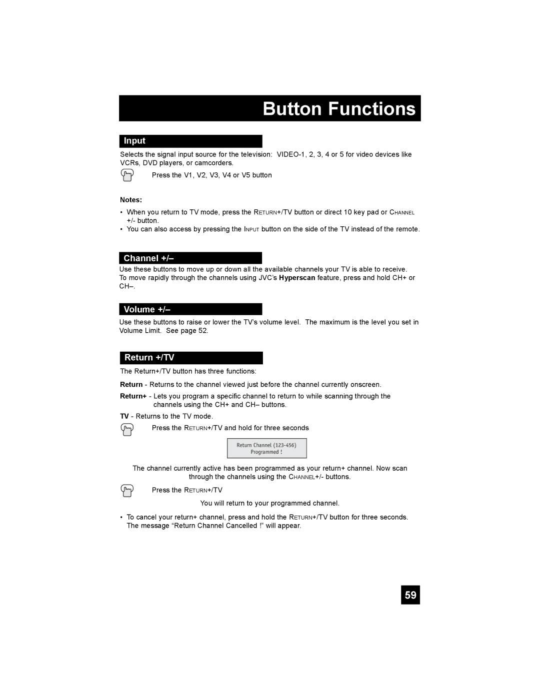 JVC LT-37XM48, LT-47X788, LT-42X788, LT-42XM48 manual Input, Channel +, Volume +, Return +/TV 
