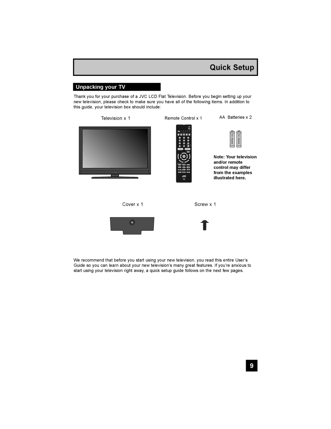 JVC LT-42X788, LT-47X788, LT-42XM48, LT-37XM48 manual Quick Setup, Unpacking your TV 