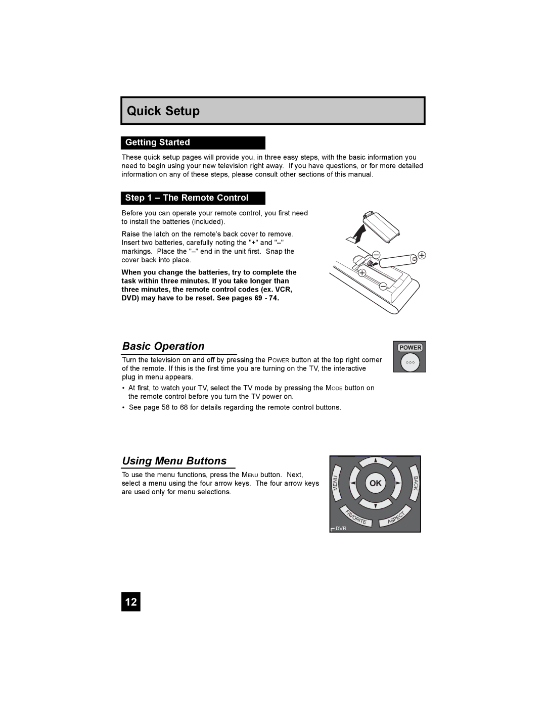 JVC LT-47X898 manual Basic Operation, Using Menu Buttons, Getting Started, Remote Control 