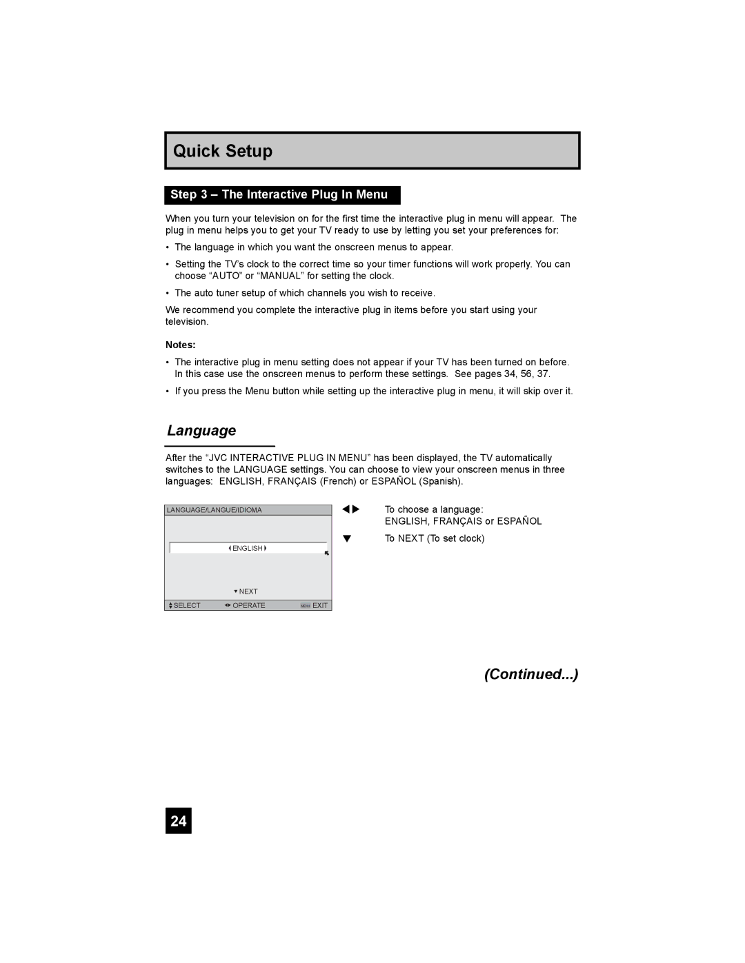 JVC LT-47X898 manual Language, Interactive Plug In Menu 