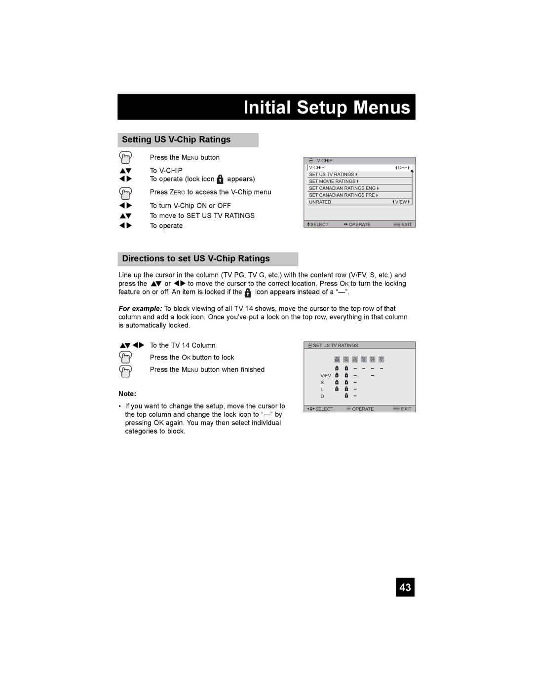 JVC LT-47X898 manual Setting US V-Chip Ratings, Directions to set US V-Chip Ratings 