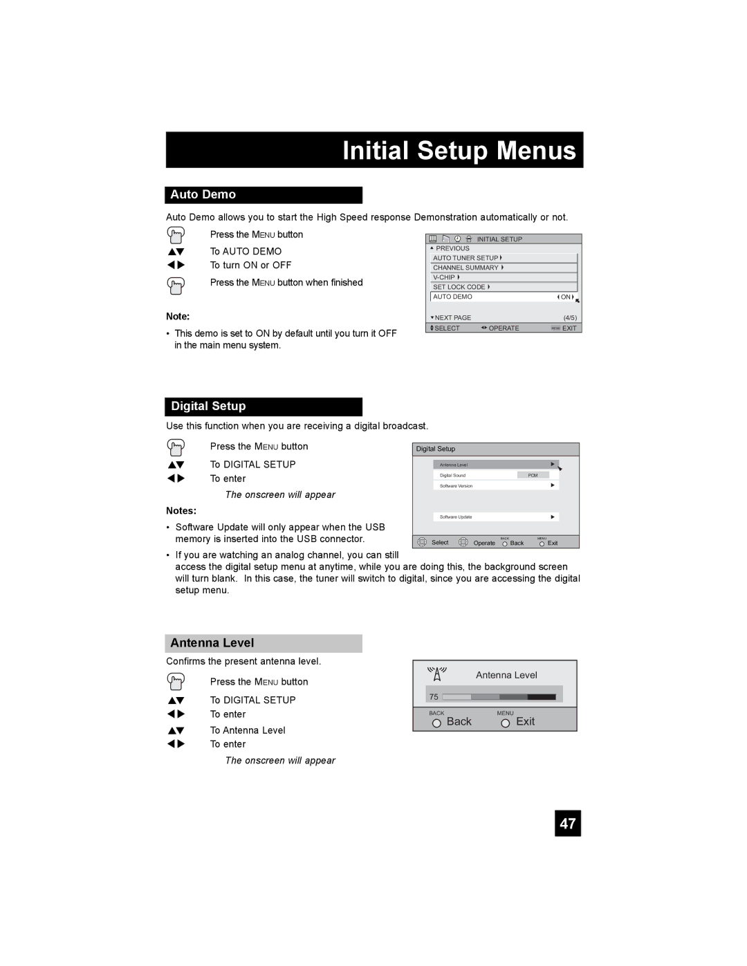 JVC LT-47X898 manual Auto Demo, Digital Setup, Antenna Level 