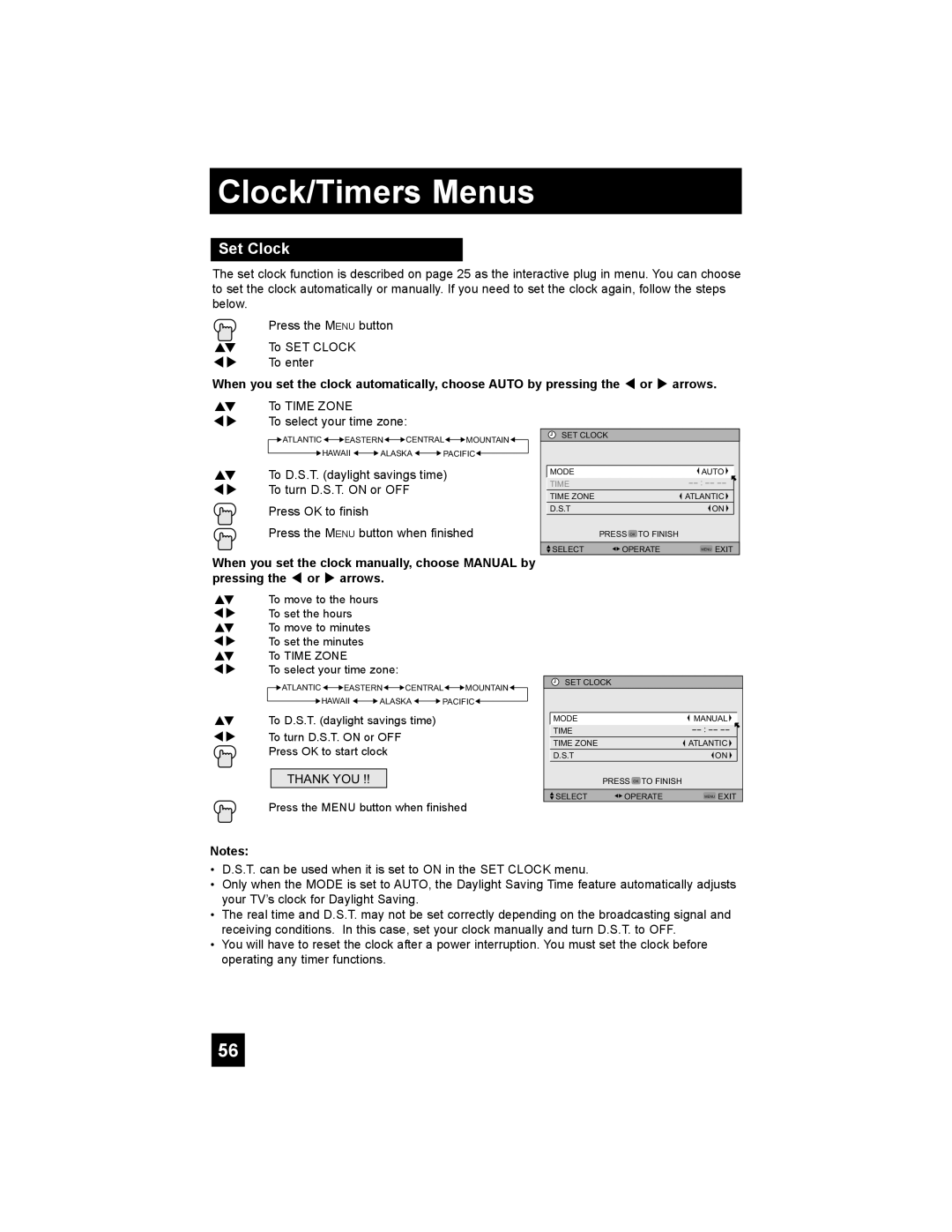 JVC LT-47X898 manual Clock/Timers Menus, Set Clock 