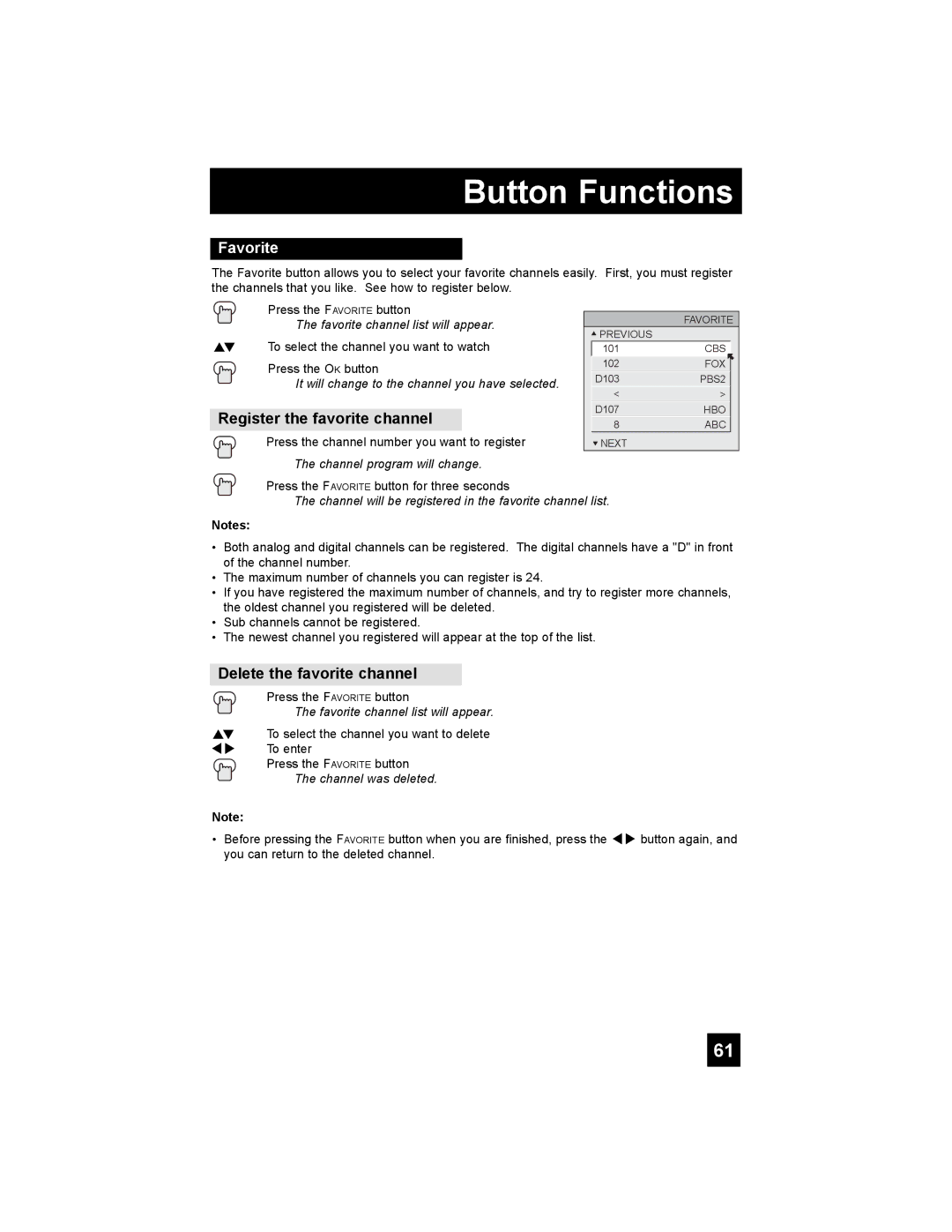 JVC LT-47X898 manual Favorite, Register the favorite channel, Delete the favorite channel 