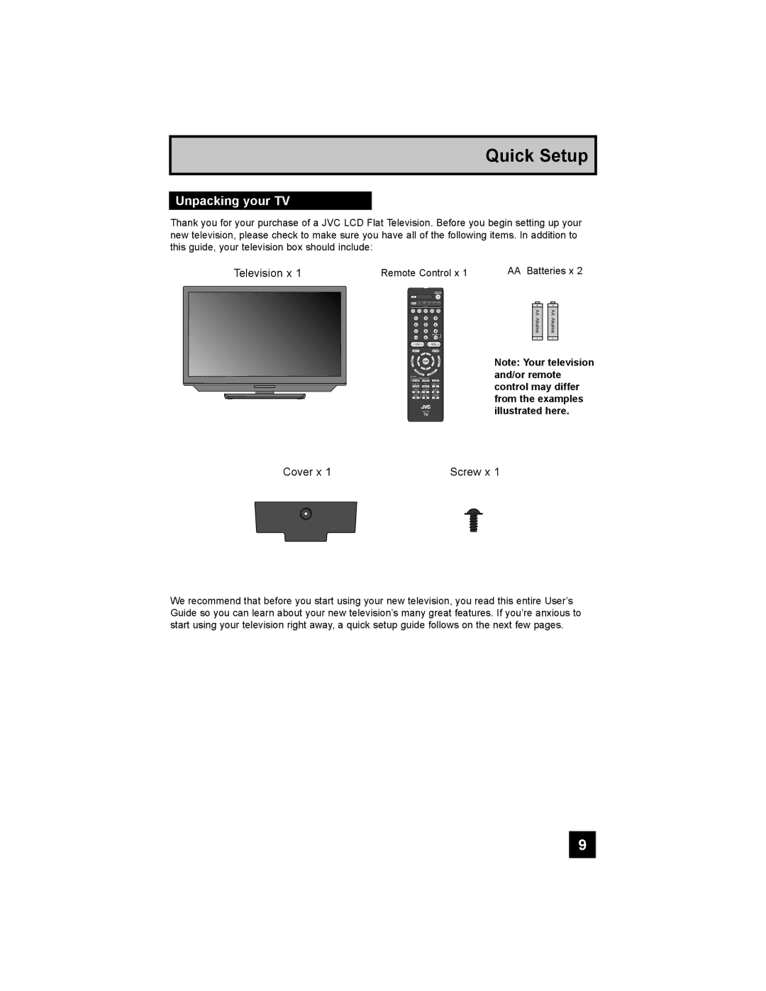 JVC LT-47X898 manual Quick Setup, Unpacking your TV 