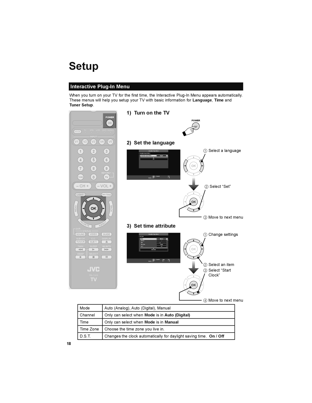 JVC LT-47X899, LT-42X899 manual Setup, Interactive Plug-In Menu, Turn on the TV Set the language, Set time attribute 