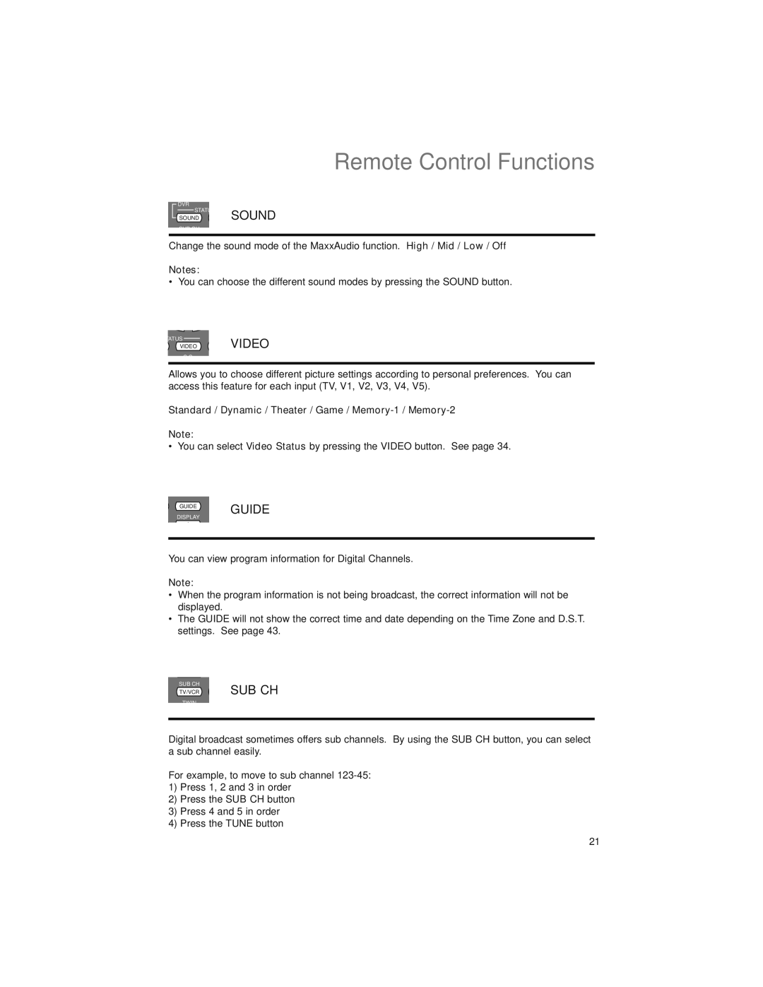 JVC LT-42X899, LT-47X899 manual Remote Control Functions, Standard / Dynamic / Theater / Game / Memory-1 / Memory-2 