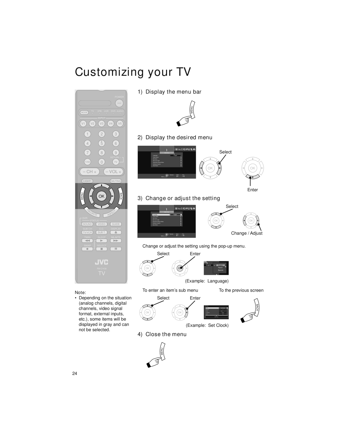 JVC LT-47X899, LT-42X899 Customizing your TV, Display the menu bar Display the desired menu, Change or adjust the setting 