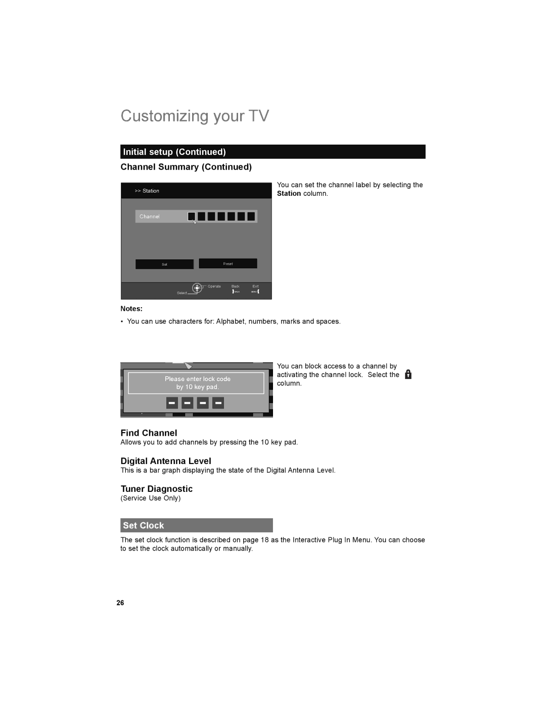 JVC LT-47X899, LT-42X899 manual Find Channel, Digital Antenna Level, Tuner Diagnostic, Set Clock 