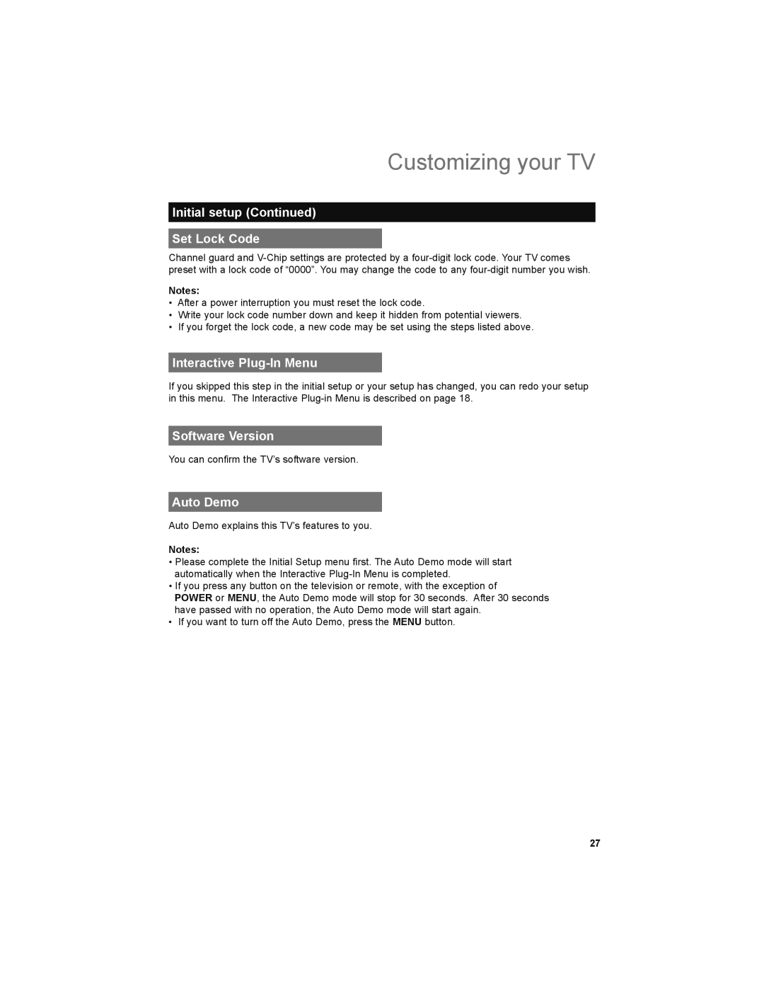 JVC LT-42X899, LT-47X899 manual Initial setup Set Lock Code, Software Version, Auto Demo 