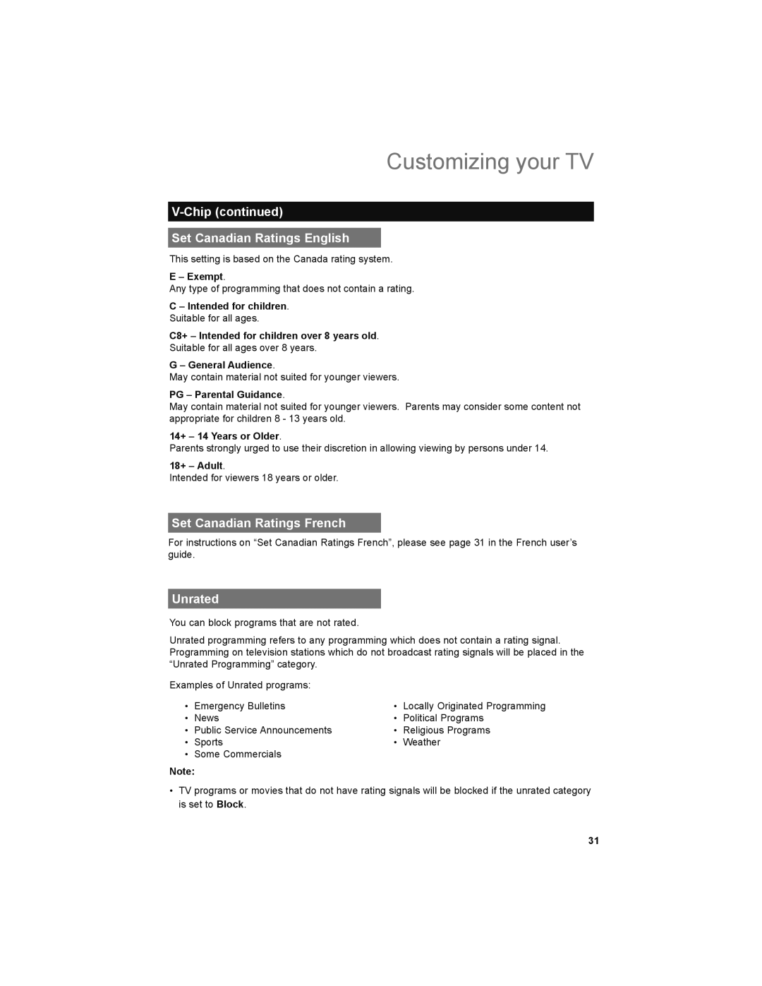 JVC LT-42X899, LT-47X899 manual Chip Set Canadian Ratings English, Set Canadian Ratings French, Unrated 