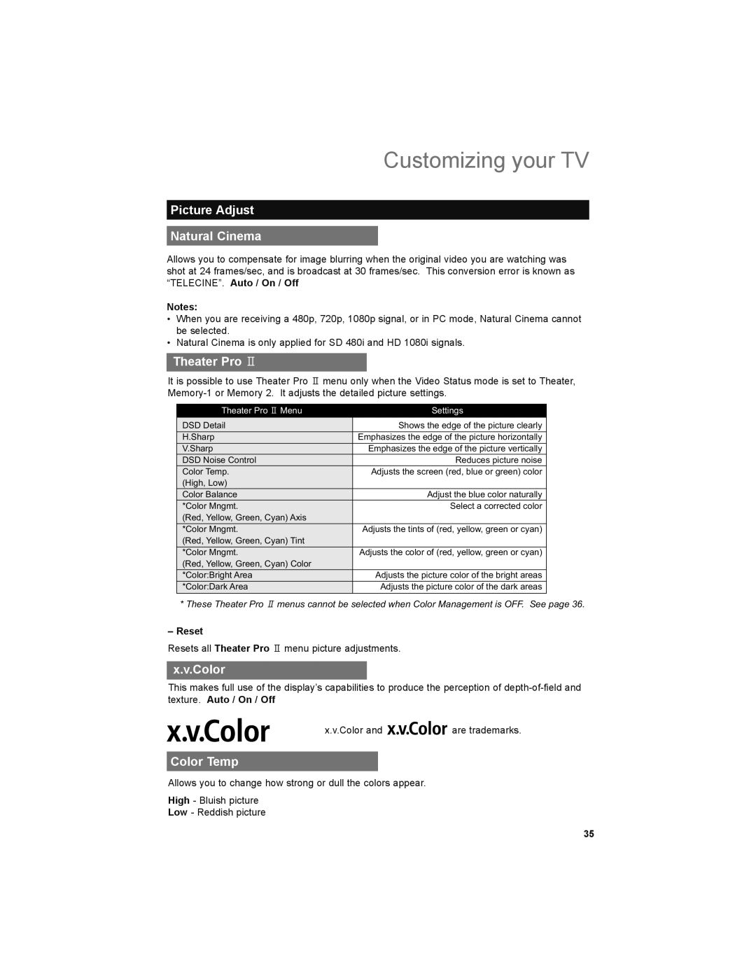 JVC LT-42X899, LT-47X899 manual Picture Adjust Natural Cinema, Theater Pro, Color Temp, Reset 