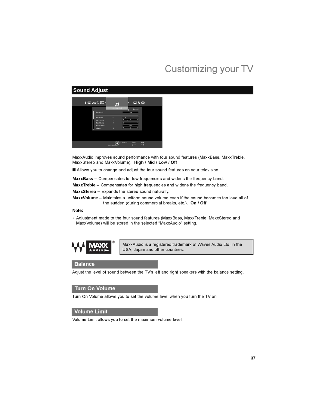 JVC LT-42X899, LT-47X899 manual Sound Adjust, Balance, Turn On Volume, Volume Limit 