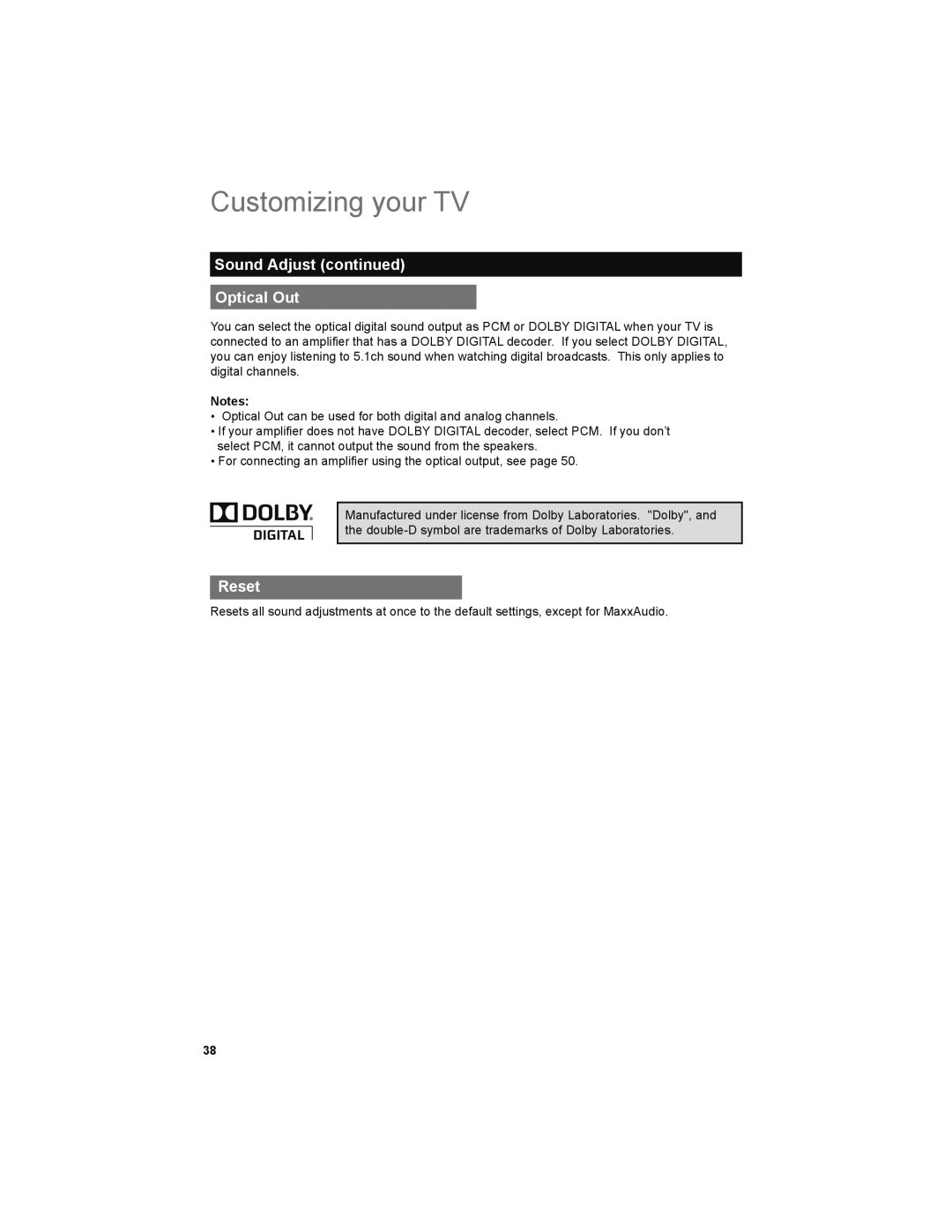 JVC LT-47X899, LT-42X899 manual Sound Adjust Optical Out 