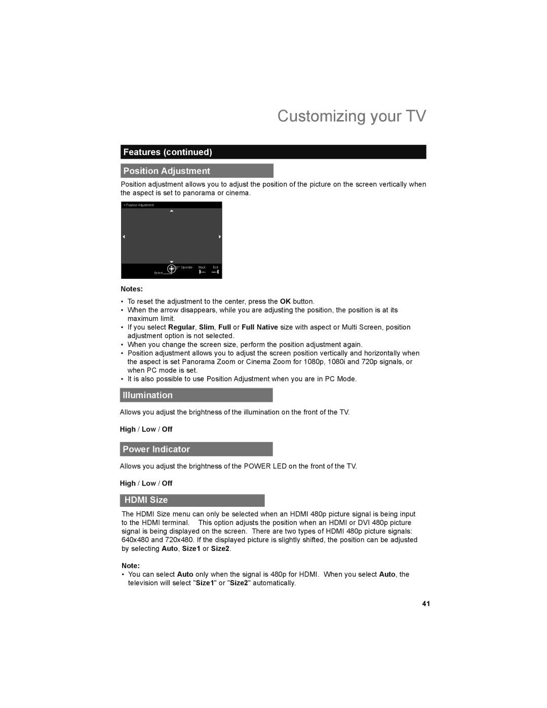 JVC LT-42X899, LT-47X899 manual Features Position Adjustment, Illumination, Power Indicator, Hdmi Size, High / Low / Off 