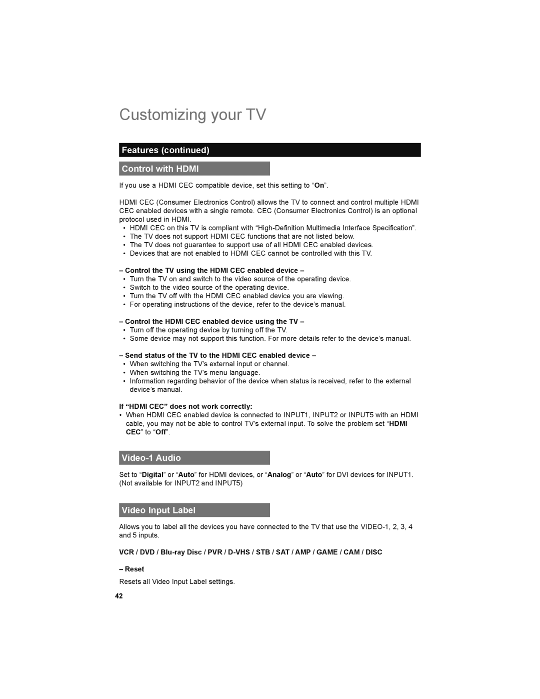 JVC LT-47X899, LT-42X899 manual Features Control with Hdmi, Video-1 Audio, Video Input Label 