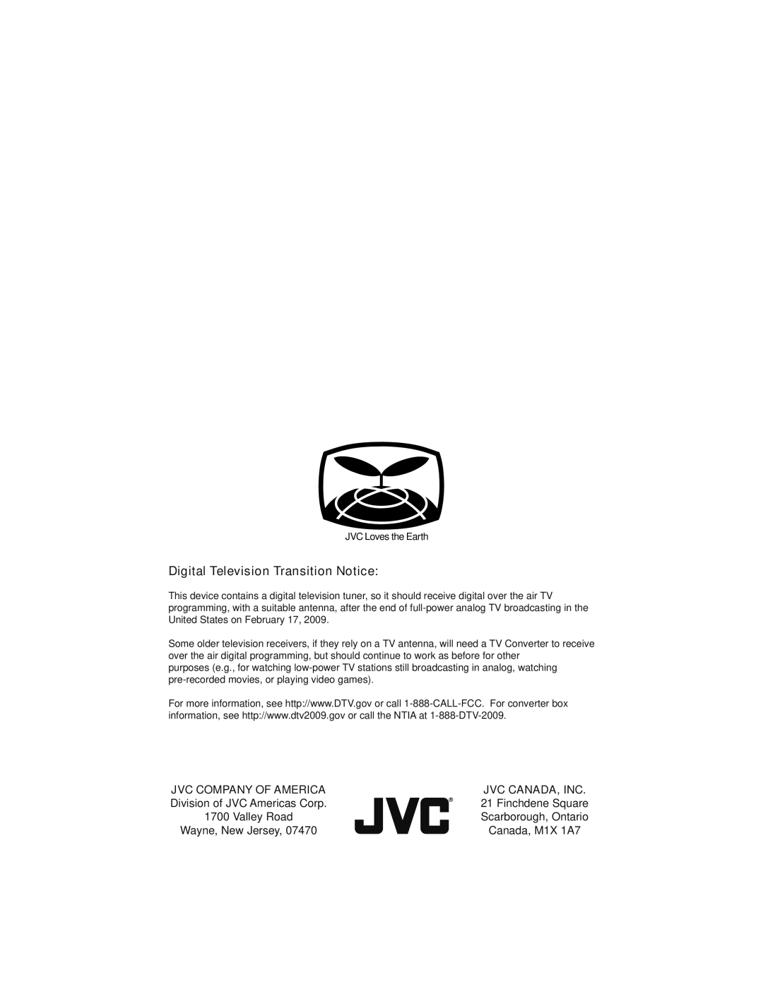 JVC LT-47X899, LT-42X899 manual Digital Television Transition Notice, JVC Company of America JVC CANADA, INC 