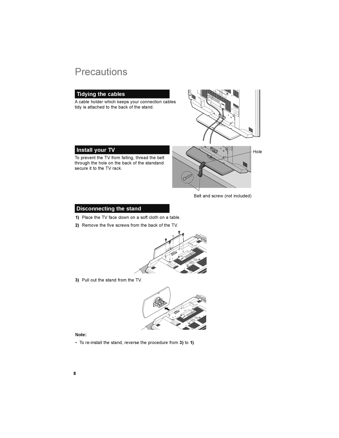 JVC LT-47X899, LT-42X899 manual Precautions, Tidying the cables, Install your TV, Disconnecting the stand 