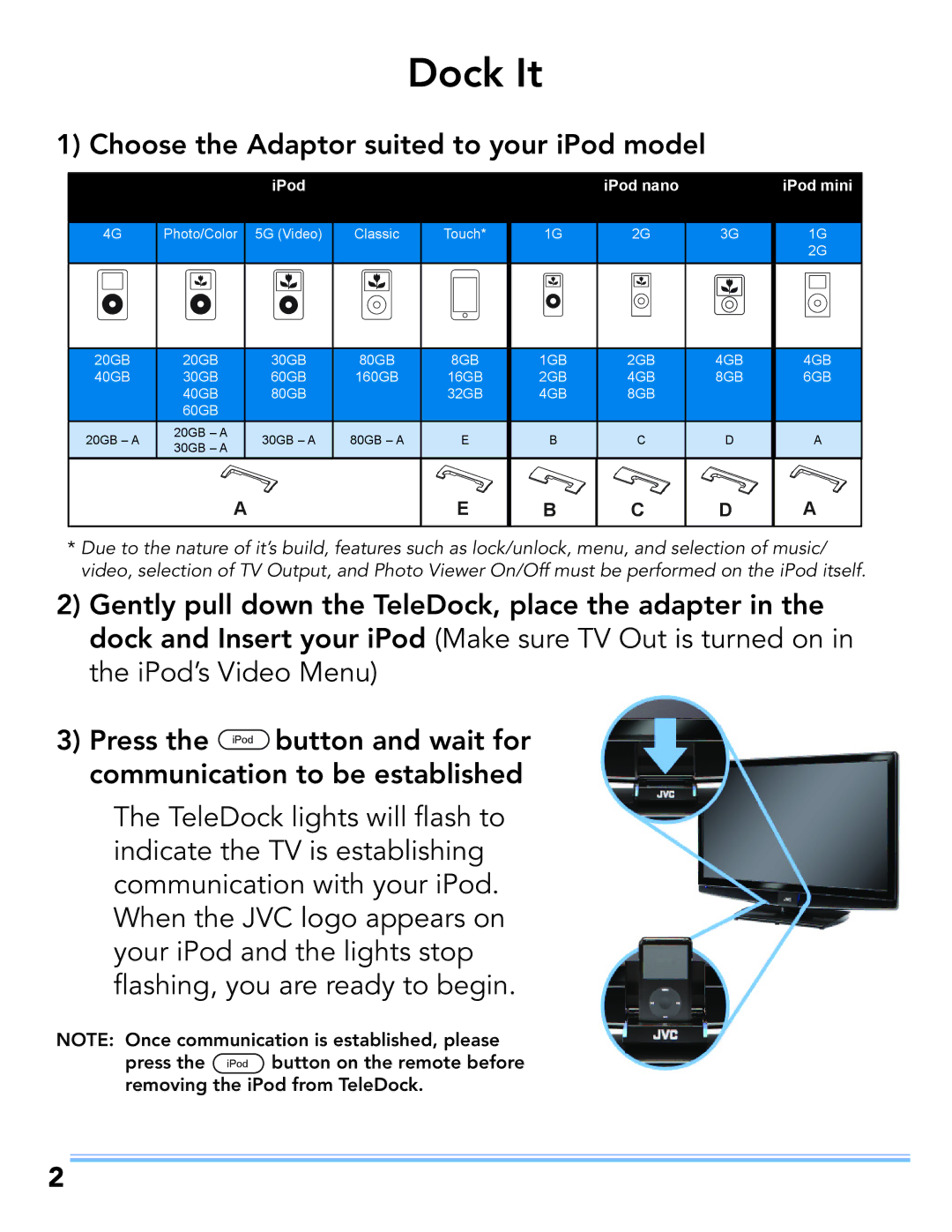 JVC LT-52P789 manual Dock It, Choose the Adaptor suited to your iPod model 