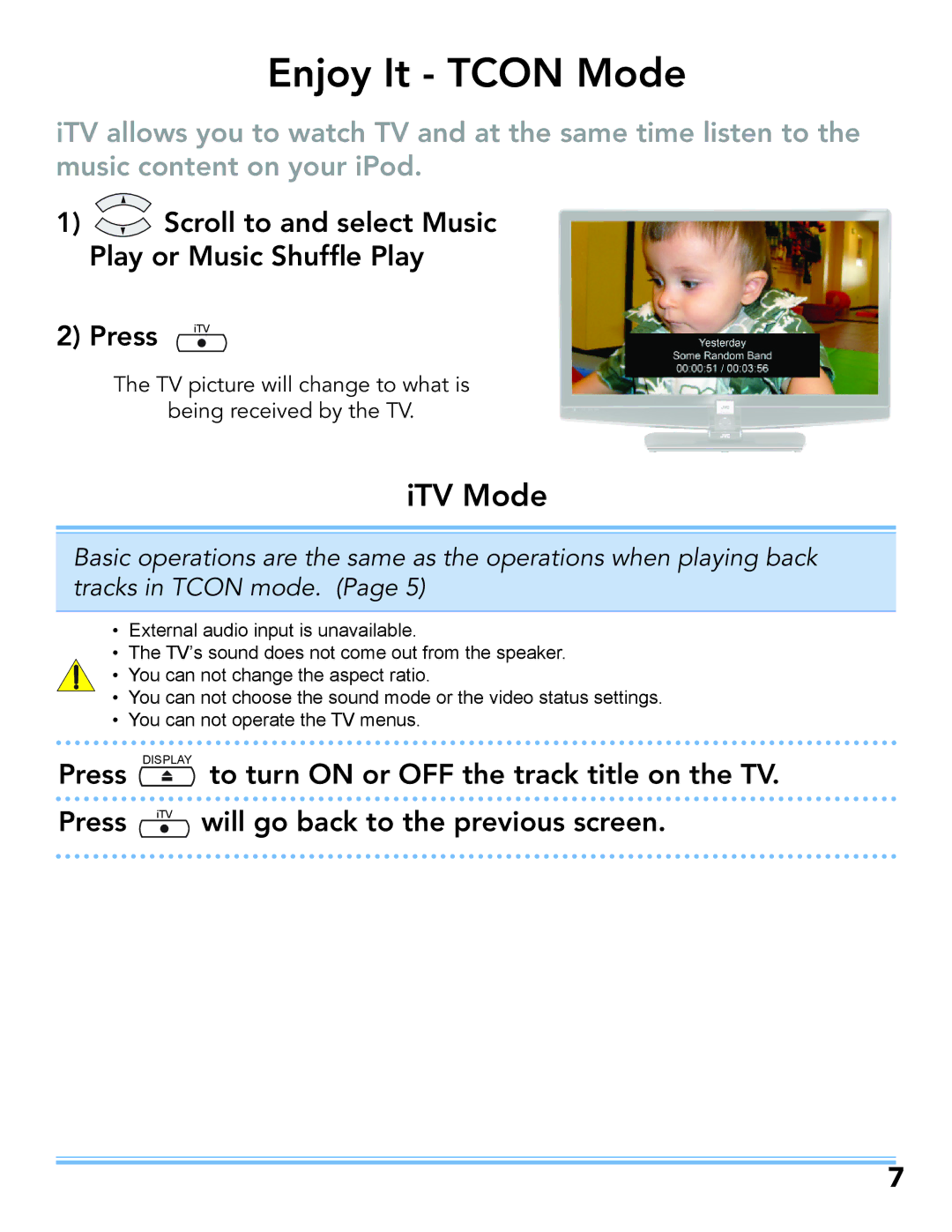 JVC LT-52P789 manual Enjoy It Tcon Mode, ITV Mode 