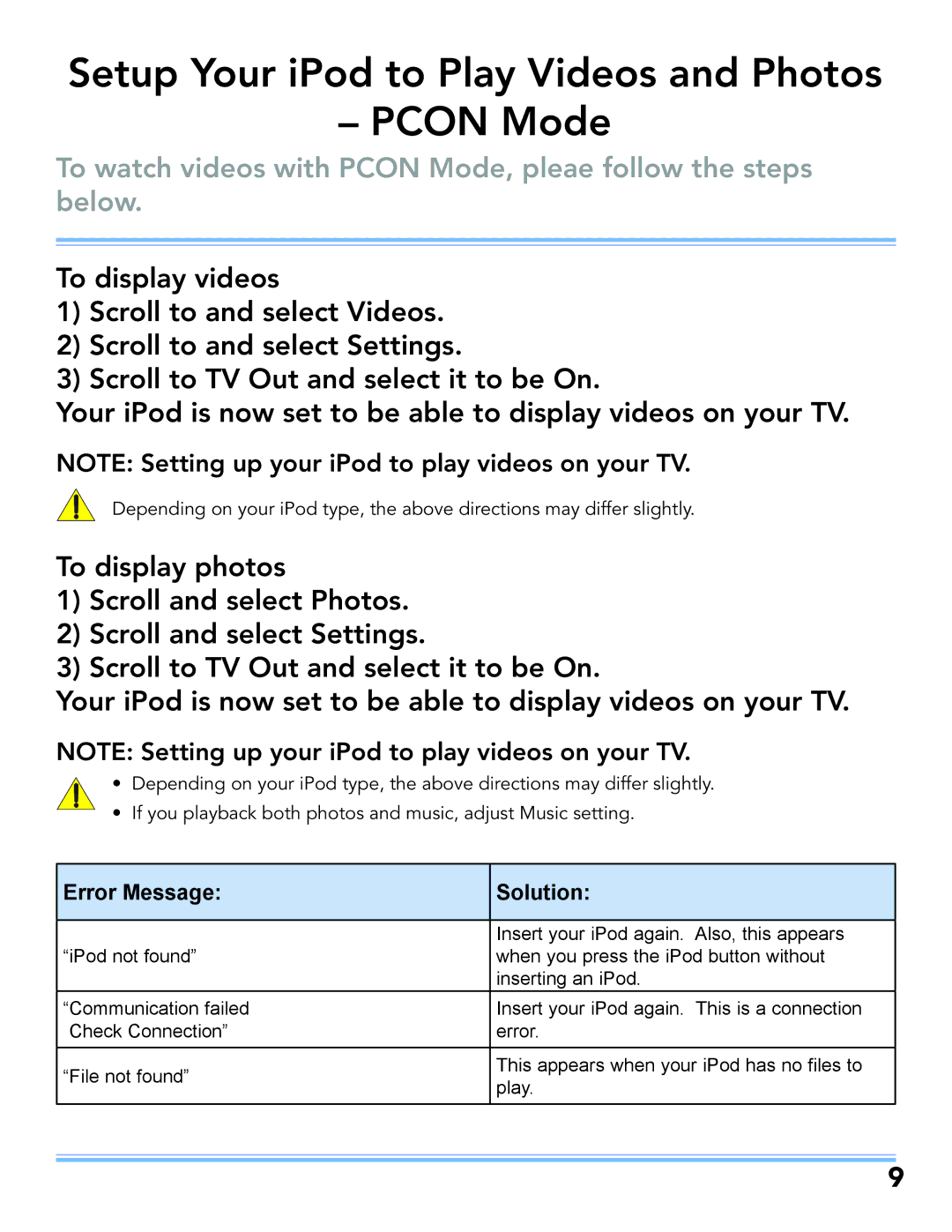 JVC LT-52P789 manual Setup Your iPod to Play Videos and Photos Pcon Mode, Error Message Solution 