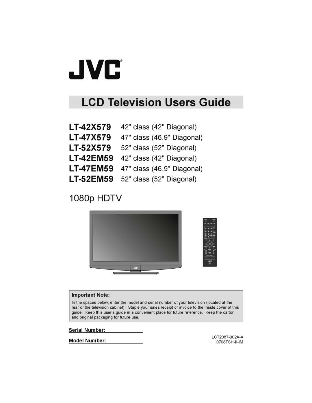 JVC LT-52X579 manual Important Note, Serial Number Model Number 