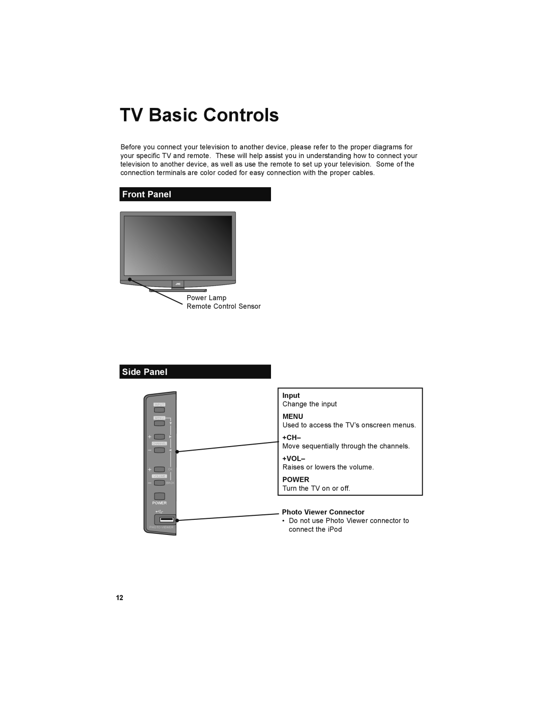 JVC LT-52X579 manual TV Basic Controls, Front Panel, Side Panel 