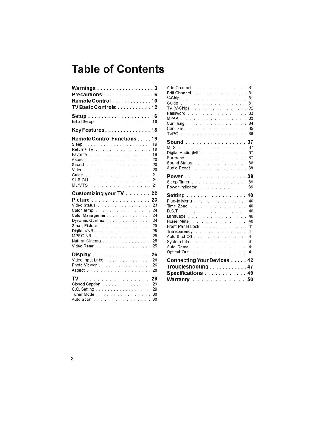 JVC LT-52X579 manual Table of Contents 