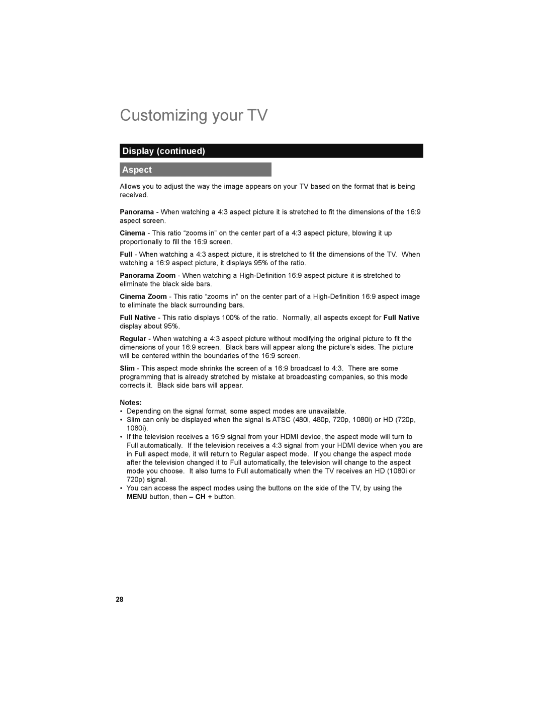 JVC LT-52X579 manual Display Aspect 