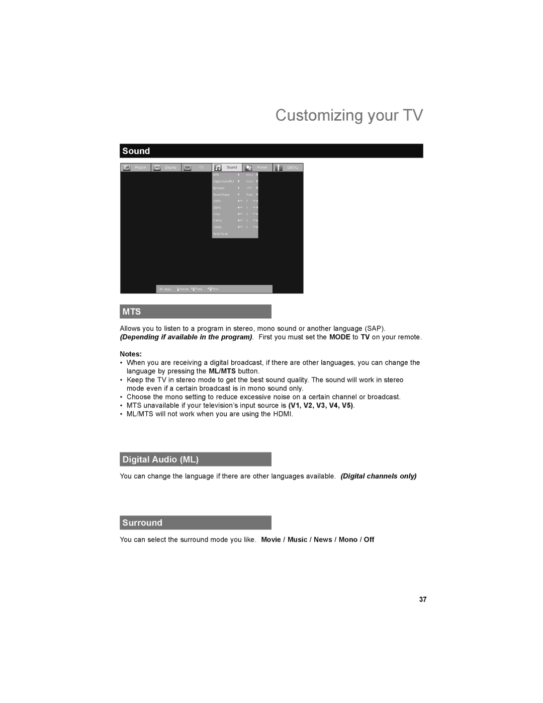 JVC LT-52X579 manual Sound, Digital Audio ML, Surround 