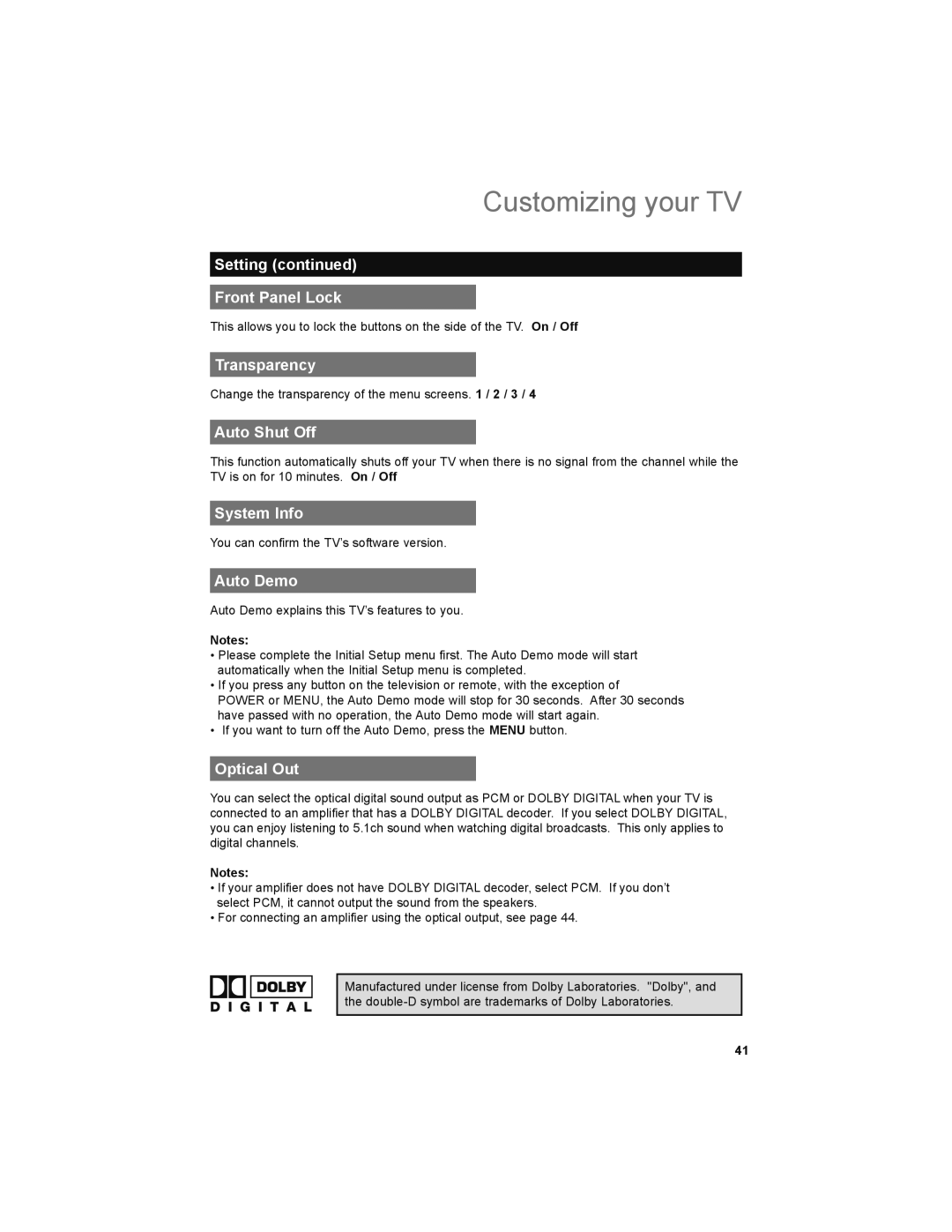 JVC LT-52X579 manual Setting Front Panel Lock, Transparency, Auto Shut Off, System Info, Auto Demo, Optical Out 