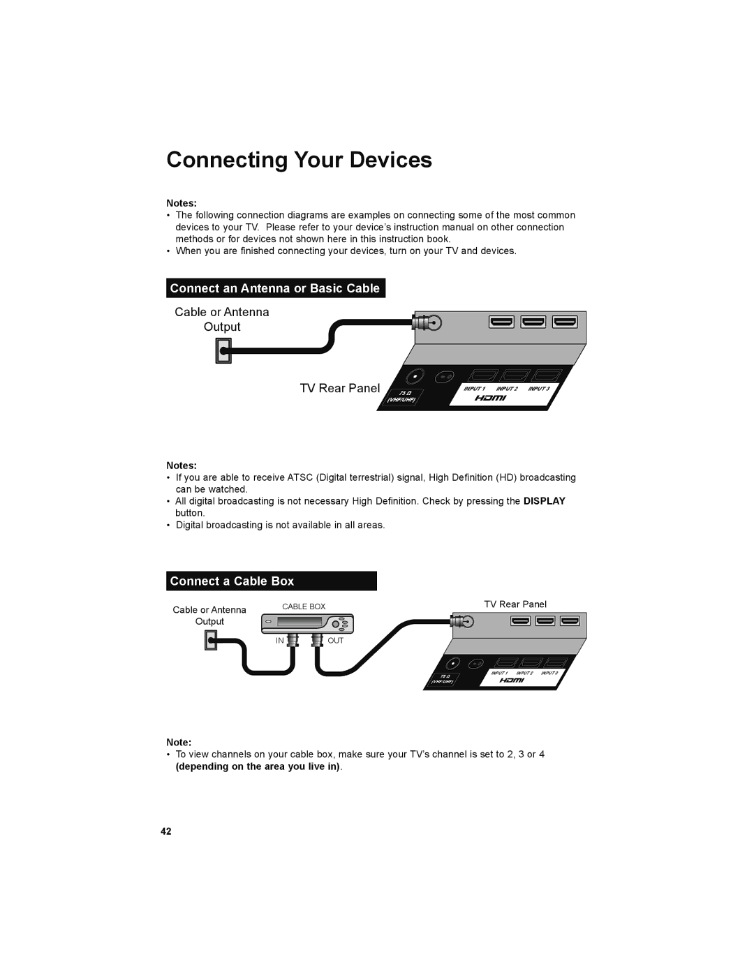 JVC LT-52X579 manual Connect an Antenna or Basic Cable, Connect a Cable Box 