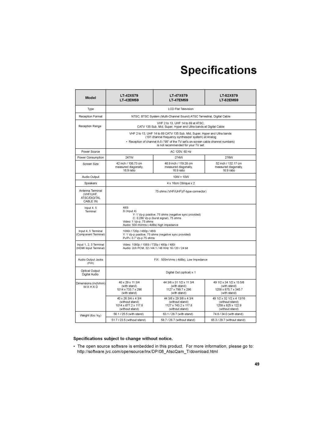 JVC LT-52X579 manual Speciﬁcations, Specifications subject to change without notice 