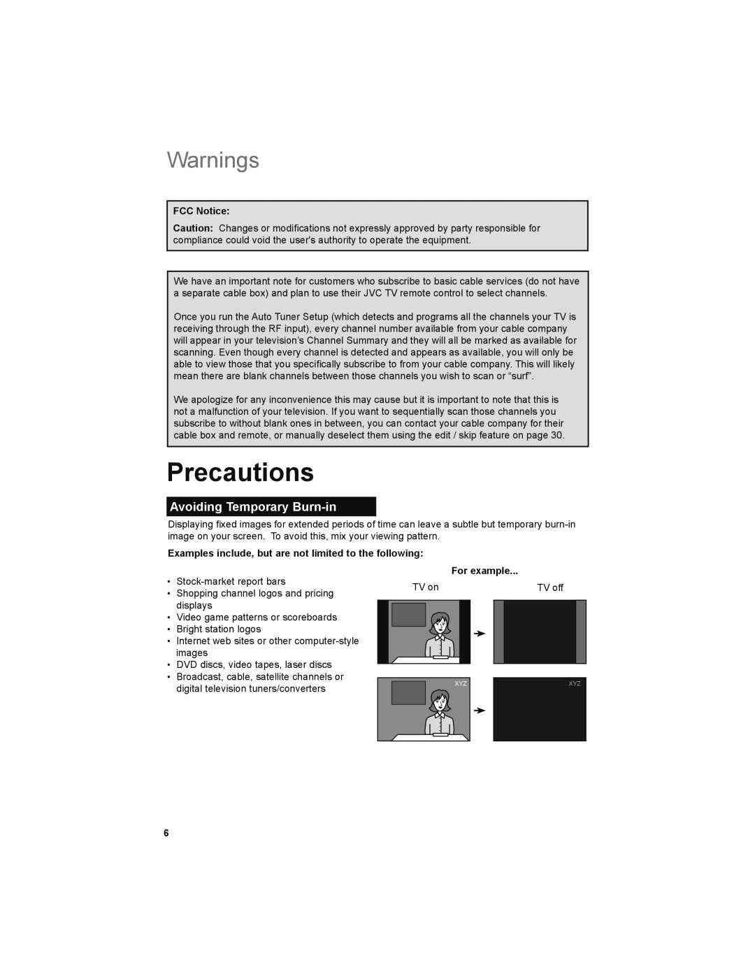 JVC LT-52X579 Precautions, Avoiding Temporary Burn-in, FCC Notice, Examples include, but are not limited to the following 