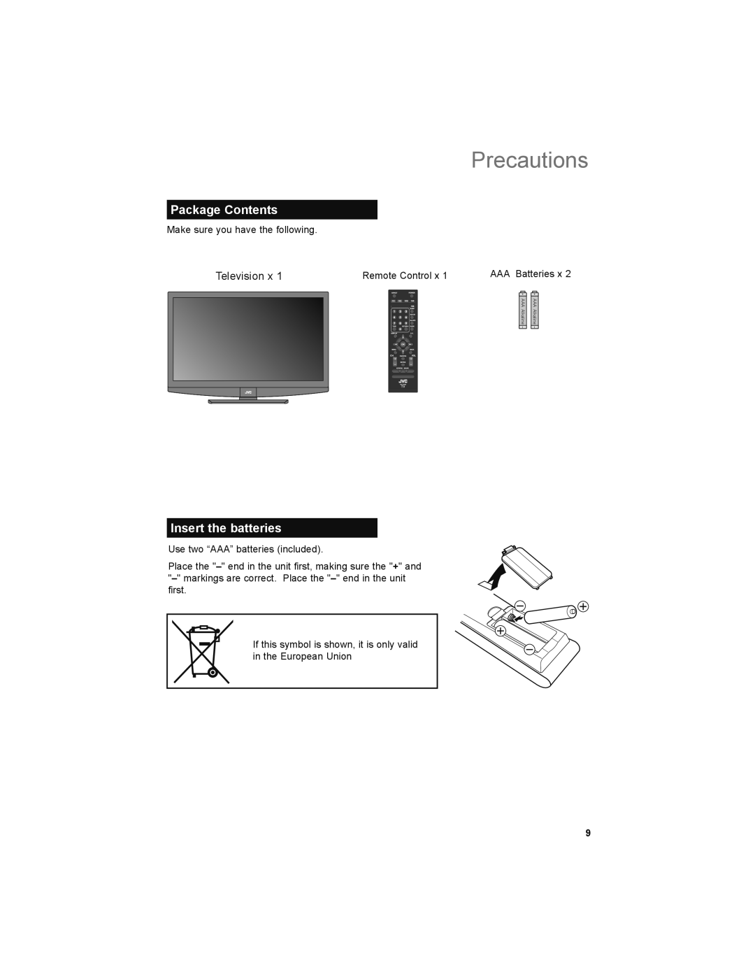 JVC LT-52X579 manual Package Contents, Insert the batteries 